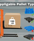 Image of Electric Pallet Stacker With Fixed Legs For Lifting Heavy Loads Up To 1300 Lbs And 63 Inches High with applicable pallets.
