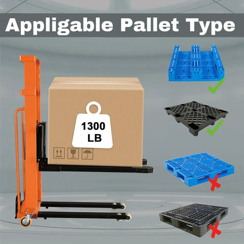 Image of Electric Pallet Stacker With Fixed Legs For Lifting Heavy Loads Up To 1300 Lbs And 63 Inches High with applicable pallets.