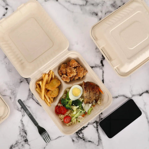 100 Pack 3-Compartment Compostable Takeout Lunch Boxes With Lids 8x9 Inch Clamshells for Food To Go Eco Friendly Bagasse PFAS Free