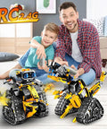 Father and son playing with Epic 5 In 1 Robot Building Kit For Kids With 520 Pieces, App Controlled And Remote, indoors