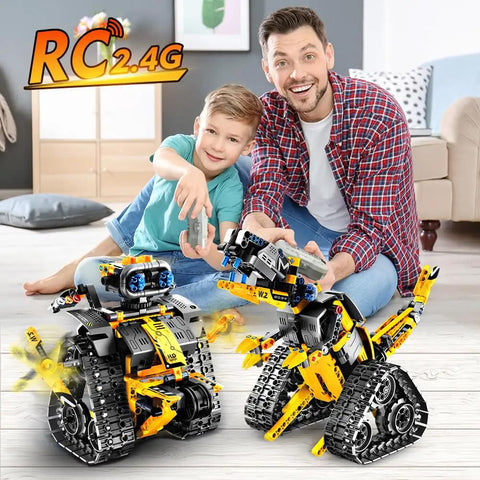 Father and son playing with Epic 5 In 1 Robot Building Kit For Kids With 520 Pieces, App Controlled And Remote, indoors