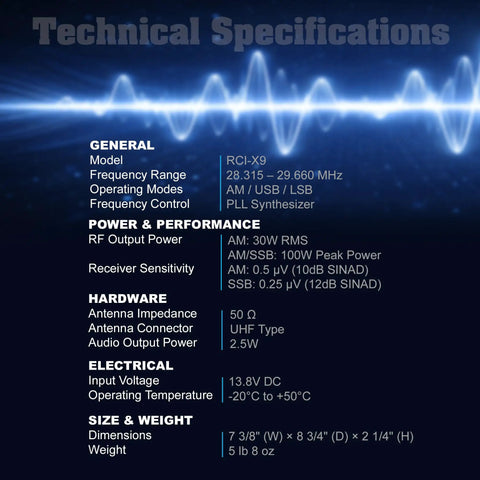 Technical specifications for 10 Meter Amateur Radio Transceiver with 100W PEP High Output for AM and SSB
