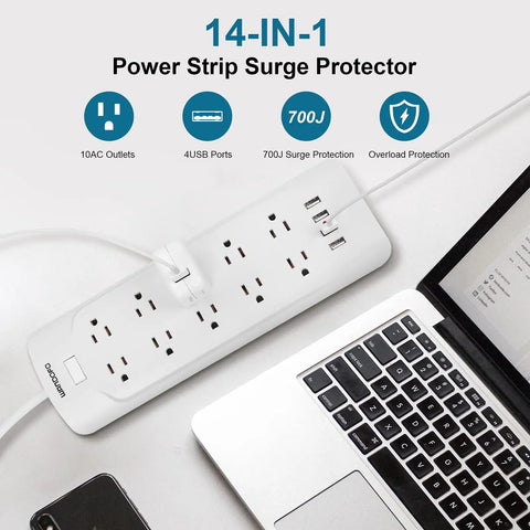 15 Foot Power Strip Surge Protector with Ten Widely Spaced Outlets Flat Low Profile Plug Wall Mountable White USB Ports