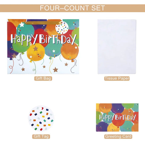 Colorful Balloons Birthday Gift Bag Set With Happy Birthday Text, Matching Tissue Paper, Greeting Card And Tag, Kid Friendly