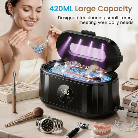 Blast Daily Grime With This Legit Ultrasonic Jewelry Cleaner Using Fifty KHz Waves For Nitty Gritty Cleaning On Rings Eyewear Retainers And Straps Alongside A 420 Ml Tank And Sleek Black Design, featuring 420ml cleaner with items inside.