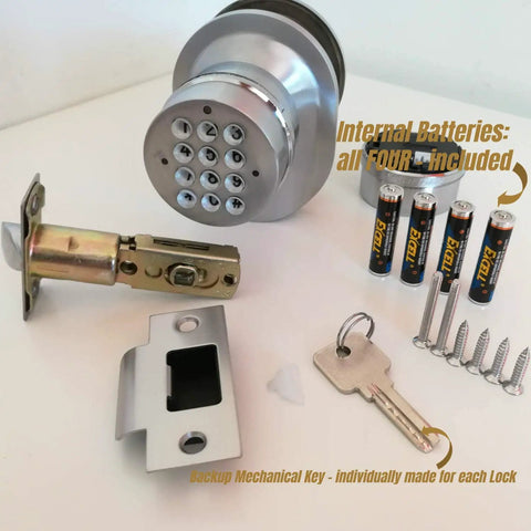 Easy DIY Electronic Keypad Door Knob Lock Set With Backup Mechanical Key displayed with accessories and batteries
