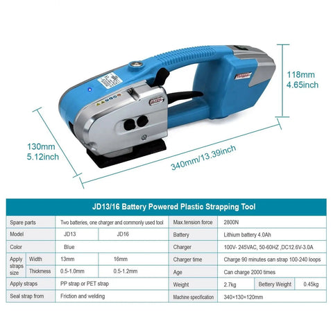 Electric Strapping Machine For Half To Five Eighths Inch Wide PP PET Straps Auto Heat Melt Sealer Dual 4000mAh Batteries Time Saver Rechargeable Pallet Packaging Banding Tool, blue