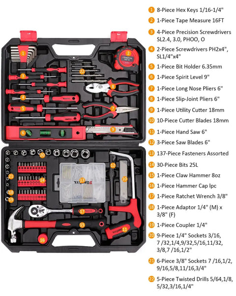 226 Piece Home And Auto Repair Tool Kit With Sturdy Toolbox For DIY Enthusiasts, Homeowners, And Handymen, includes tools and case.