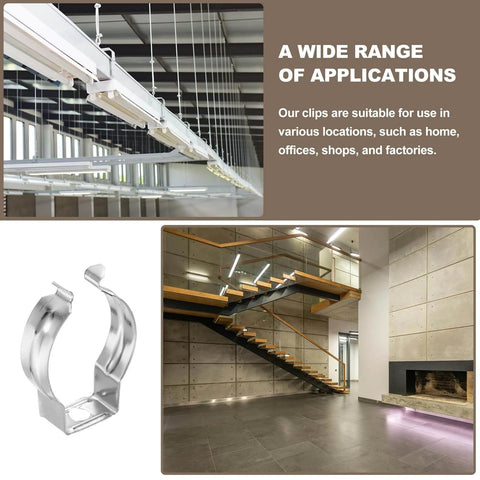 Easy Install T8 U Clip Light Fixture Holder Set Steel Pipe Clamps displayed in various applications in home and office settings.