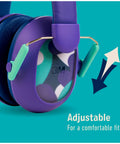 Kids Hearing Protection Plus With Adjustable Headband 22dB NRR For Studying, Quiet Time, Concerts And Outdoor Events, Indoor Use, Safe Sound For Home And Play, Color Purple with adjustable earmuff detail.