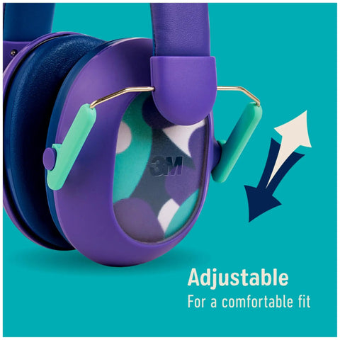 Kids Hearing Protection Plus With Adjustable Headband 22dB NRR For Studying, Quiet Time, Concerts And Outdoor Events, Indoor Use, Safe Sound For Home And Play, Color Purple with adjustable earmuff detail.