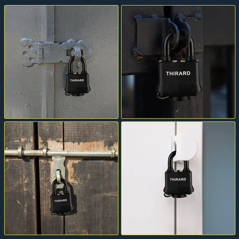 4 Pack Heavy Duty Weatherproof Padlocks With Keys 40mm Laminated Steel Body And Hardened Shackle Keyed Alike For Outdoor Gates Fences Sheds Storage Built To Stand Up To The Weather; various locks securing different outdoor gates and sheds.