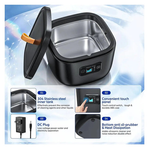No Sweat Ultrasonic Cleaner For Jewelry Watches And Dentures High Frequency Automatic Bubble Wash Machine In Matte Black with stainless steel tank.