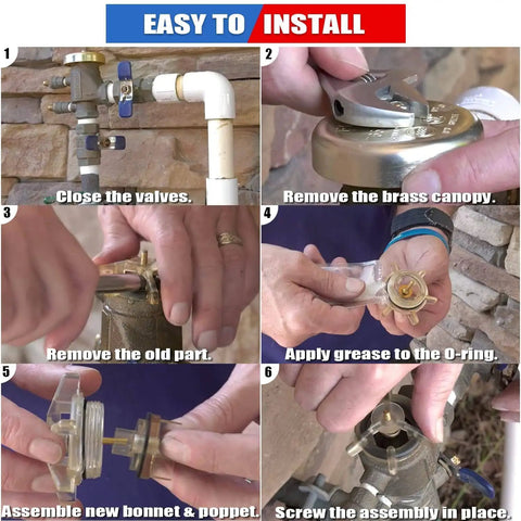 Bonnet And Poppet Assembly Repair Kit For DIY Friendly One Half To Three Quarters Inch Pressure Vacuum Breaker PVB 765CBV 765DBV installation steps.