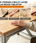 Badass Rock Solid Heavy Duty Aluminum Work Table With Thick Wood Top And Tough Utility Workbench For Garage Workshop Kitchen Prep. Image of a solid wood tabletop with hand resting, showcasing eco-friendly design.