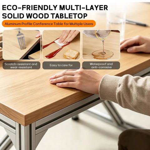 Badass Rock Solid Heavy Duty Aluminum Work Table With Thick Wood Top And Tough Utility Workbench For Garage Workshop Kitchen Prep. Image of a solid wood tabletop with hand resting, showcasing eco-friendly design.