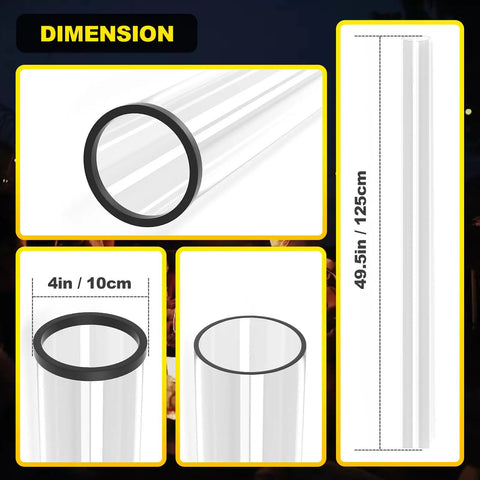 Dimension view of Beefed Up Replacement Quartz Glass Tube With Rubber Ring For Four Sided Pyramid Patio Heaters 49.5 Inch Tall and 4 Inch Diameter.