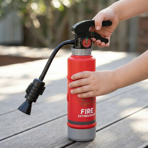 Realistic Water Squirt Fire Extinguisher Toy For Kids Pretend Play Durable Plastic being held by a child's hand outdoors.