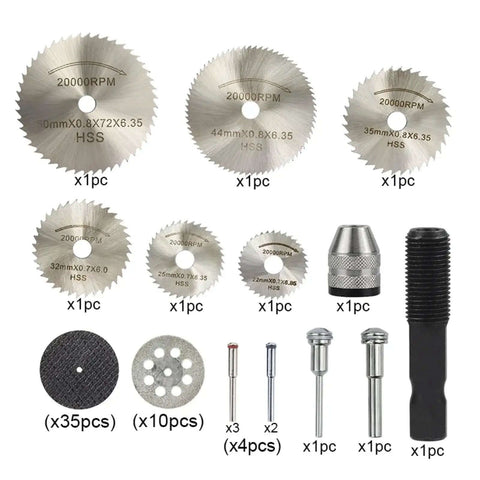 Pro Grade Diamond Cutting Discs Set For Metal And Stone, 31pc Wheel Kit with various disc sizes and shank adapters for tools