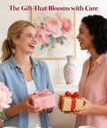 Two women exchanging gifts in a floral-themed room, featuring 3D Wooden Flower Puzzles For Adults No Glue Needed Building Craft Kits