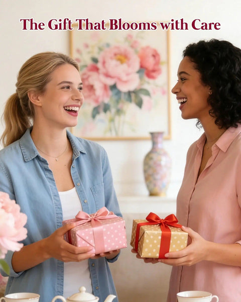 Two women exchanging gifts in a floral-themed room, featuring 3D Wooden Flower Puzzles For Adults No Glue Needed Building Craft Kits