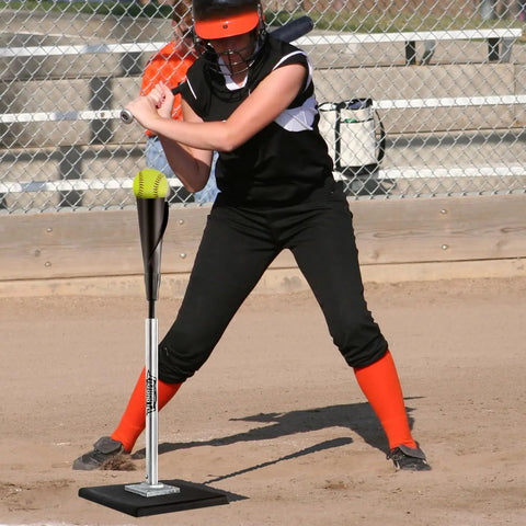 Player practicing with Portable Batting Tee For Baseball And Softball With Adjustable Height From 25 To 37 Inches On The Go Transport.
