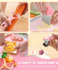 Toddler knife set with pink handles; kid-safe knives, crinkle cutter and cutting board shown slicing carrot and making cheese shapes.