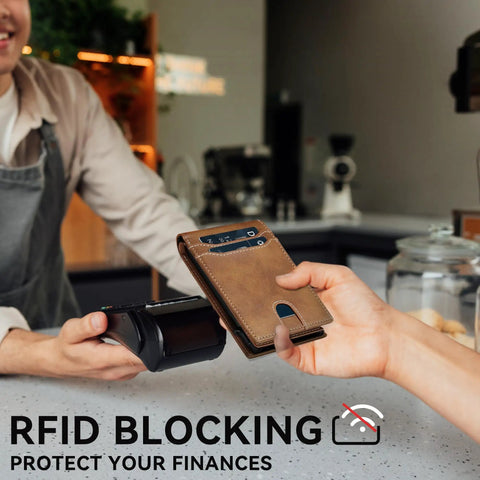 Person using Slim Card Wallet For Men With RFID Blocking Minimalist Front Pocket Pop Up ID Window, Everyday Carry Essential, Leather Build.