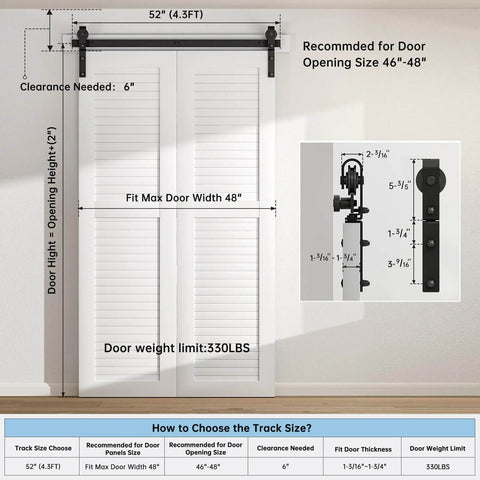 52 Inch Bi Folding Barn Door Hardware Track Kit With Side Mounted Black Rollers for Double 24 Inch Bifold Doors installed view