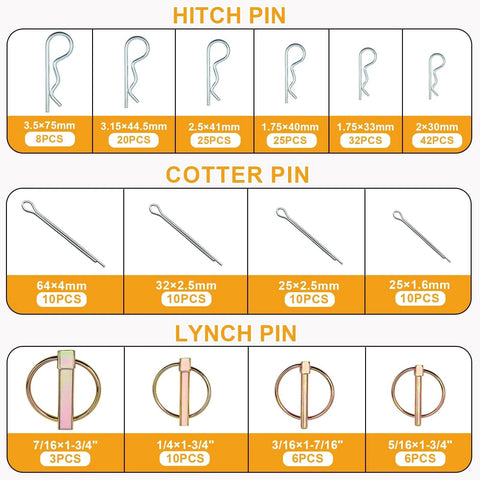 Heavy Duty Hitch Pins And Clips Kit With R Clips, Cotter Pins, Lynch Pins And PTO Pins For Tractor, Trailer, Truck, Lawn Mower And Farm Equipment, 242 Piece Assortment For 3 Point Hitch Accessories shown in size variations