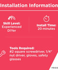 Installation information for 5304511908 Oven Control Board And Clock, requires experience, 20 min install, tools listed