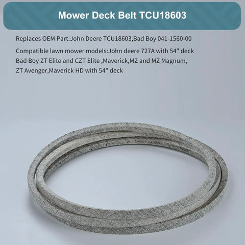 Beefy Five Eighths Inch Mower Deck Belt for Bad Boy 54 Inch ZT Elite Maverick HD CZT 54 Decks Heavy Duty Replacement Compatible With Maverick MZ Magnum 041156000 TCU18603 gray 5/8-inch mower deck belt coiled for 54-inch deck replacement