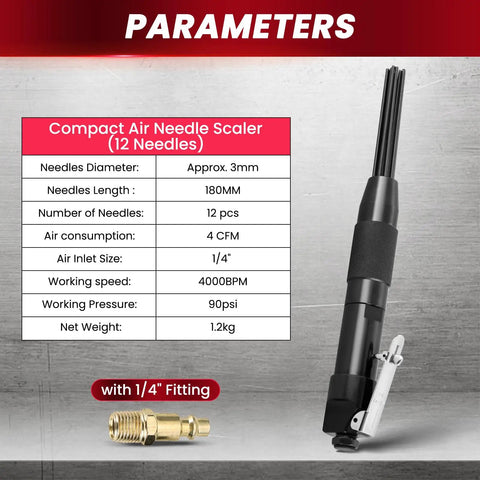 Compact Air Needle Scaler For Rust Removal With 12 Hardened Needles And 4000 BPM Power, includes 1/4 In NPT fitting shown