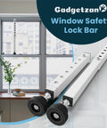 4 Pack Window Security Bars, Adjustable From 11 To 18 Inches, Portable Sliding Window Lock Bar for Kid Safe and Anti Theft, shown installed on window