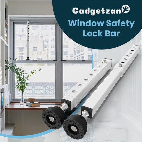 4 Pack Window Security Bars, Adjustable From 11 To 18 Inches, Portable Sliding Window Lock Bar for Kid Safe and Anti Theft, shown installed on window