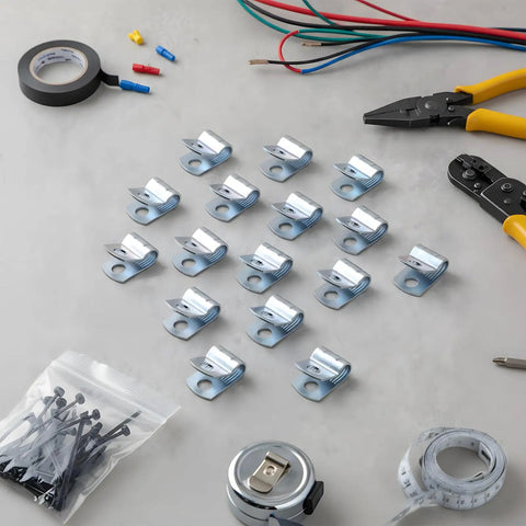 20 Pack Guide Clamps for Engine Throttle Cables with Serrated Grip, anti-slip metal clamps displayed on a workbench.