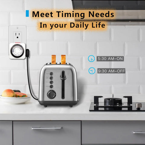 Smooth 24 Hour Dual Wall Outlet Timer Two Pack Indoor Plug In Clock Controller For Lights Plants And Fans Dead Simple Daily Setting on wall next to toaster.