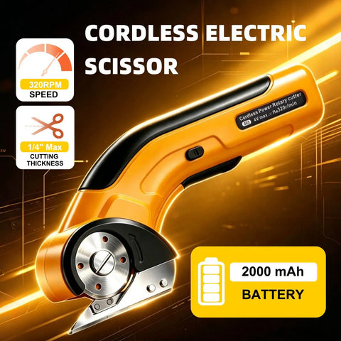Upgraded Cordless Electric Box Cutter With Self Sharpening Blades And Safe Lock For Easy Cutting Cardboard, Leather, Plastic, featuring 2000mAh battery.