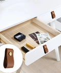 Open drawer with 8 Pieces Leather Drawer Pulls Set With Brushed Gold Knobs For Cabinets And Furniture Dark Brown, installed handle