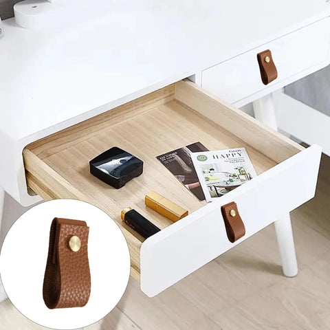 Open drawer with 8 Pieces Leather Drawer Pulls Set With Brushed Gold Knobs For Cabinets And Furniture Dark Brown, installed handle