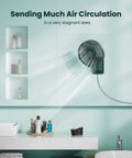 Wall mounted oscillating fan with remote and timer installed in bathroom, visible 8.5 inch fan with four speeds and 90 degree oscillation