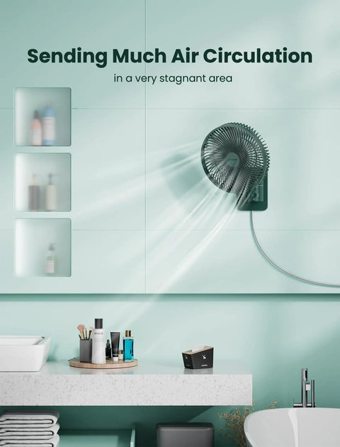 Wall mounted oscillating fan with remote and timer installed in bathroom, visible 8.5 inch fan with four speeds and 90 degree oscillation