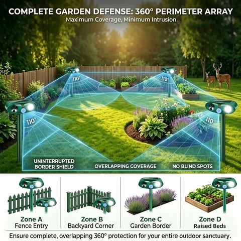 Two Pack Upgraded Sonic Ultrasonic Animal Deterrent With Solar Power Motion Sensor 110 Degree PIR And LED Strobe Light For Yard And Garden Safeguard Against Deer Rabbits Skunks Raccoons Squirrels And Cats 360° perimeter layout