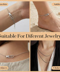 4 Pack Silver Bracelet Extender Set With Foldover Adjustable Extenders For Jewelry Eyeglass Chains Mask Straps Pet ID Tag Holders Wide 33mm Openings To Fit Both Thick And Fine Chains Easy Clip And Secure Fit shown on bracelets, anklets, necklaces, chokers