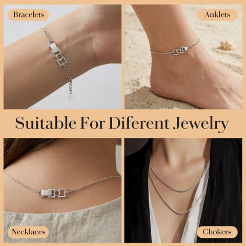 4 Pack Silver Bracelet Extender Set With Foldover Adjustable Extenders For Jewelry Eyeglass Chains Mask Straps Pet ID Tag Holders Wide 33mm Openings To Fit Both Thick And Fine Chains Easy Clip And Secure Fit shown on bracelets, anklets, necklaces, chokers