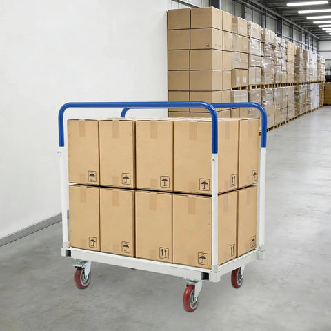 Beefy Heavy Duty Moving Dolly With 1500 Lb Capacity, Steel Platform Cart, Four Wheel Panel Cart, Rugged Steel Frame For Moving Heavy Gear And Equipment, Ideal For Garages, Warehouses, And Loading Jobs, Smooth Roll With Four Wheel Design loaded with boxes in a warehouse