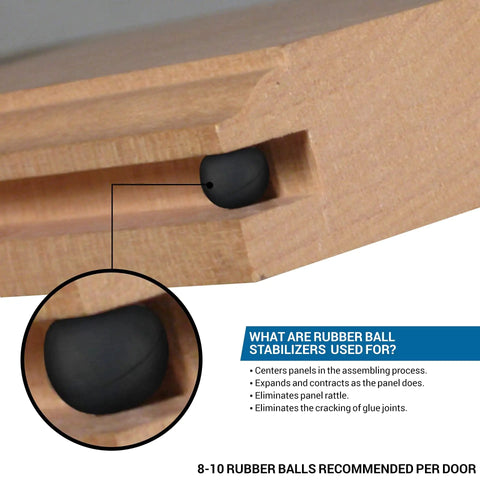 Close-up of Quarter Inch Rubber Ball Cabinet Door Spacers in wooden groove, illustrating alignment for panel stability.