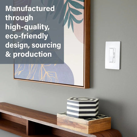 Slick Graphite LED Dimmer Switch Bringing Foolproof Three Way Rocker Action With Flat Out Zero Flicker Brightness Up To 150 Watts mounted next to framed artwork.
