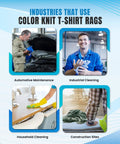 Industries using Recycled Color Knit Cleaning Rags Bulk Pack For DIYers And Home Pros, shown with automotive, industrial, household, and construction uses.