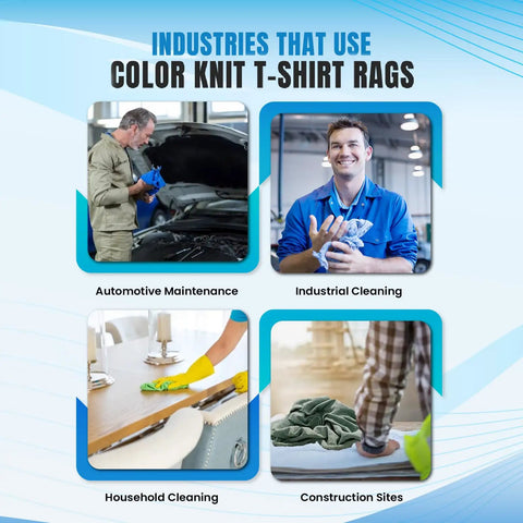 Industries using Recycled Color Knit Cleaning Rags Bulk Pack For DIYers And Home Pros, shown with automotive, industrial, household, and construction uses.